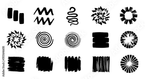 abstract black grunge graphic elements and brush strokes forming modern artistic shapes on a white background ideal for creative design projects
