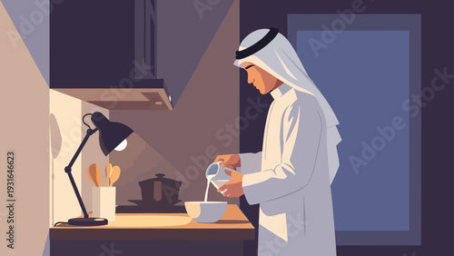 an arab man in traditional attire pouring liquid into a bowl in a softly lit kitchen preparing an early morning meal depicting quiet domestic life.