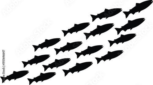 Black fish silhouettes swimming diagonally in unity, school of fish pattern representing teamwork, aquatic movement, marine life behavior, and collective direction in nature