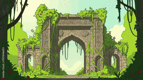 ancient stone gate ruins overgrown with lush jungle vines and plants hinting at a lost civilization and mystical adventure path