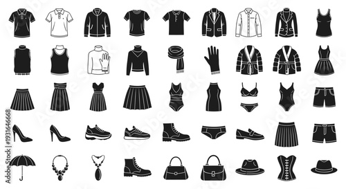 black and white fashion icons collection illustrating diverse clothing footwear and accessories as modern wardrobe essentials.