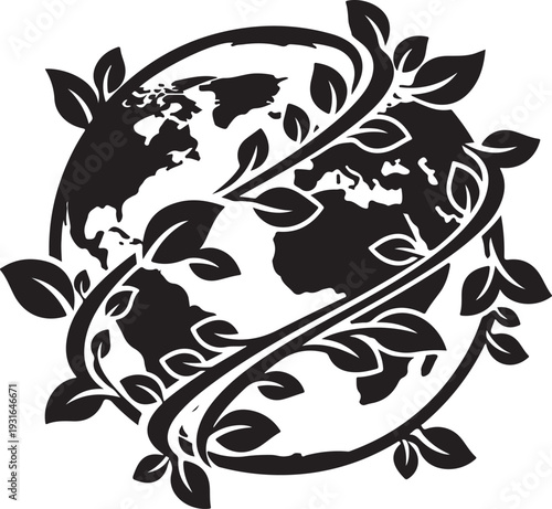 Earth wrapped in leaves and vines, eco friendly symbol