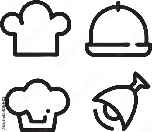 Collection of four icons chef hat serving dome food and drink icons