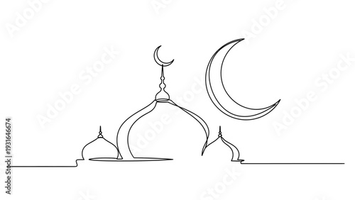 continuous line art illustration of a mosque with crescent moon symbolizing islamic culture ramadan and eid celebrations.