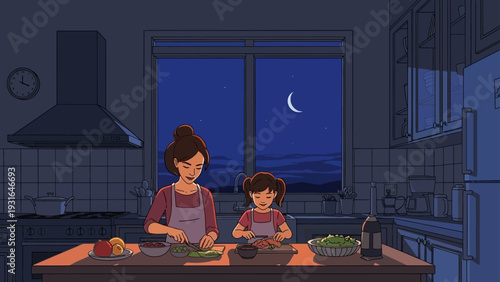 mother and daughter cooking a homemade meal together in a warm kitchen at night fostering quality time.