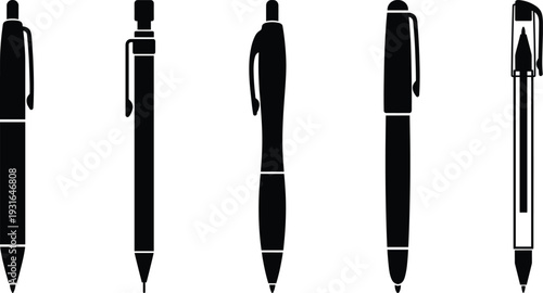 Black silhouette illustration of five writing instruments including pens and pencils, showcasing different designs, clip styles, and tips, symbolizing creativity, education, and office work