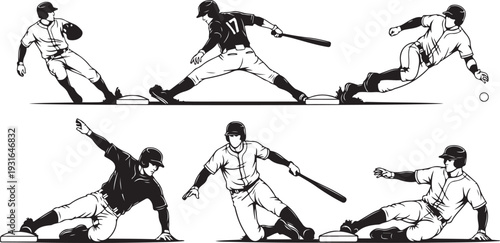 Baseball player in various action poses with ball and bat