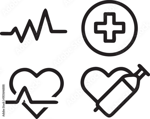 Medical and healthcare monitoring symbols showing heartbeat cross and vaccination concepts