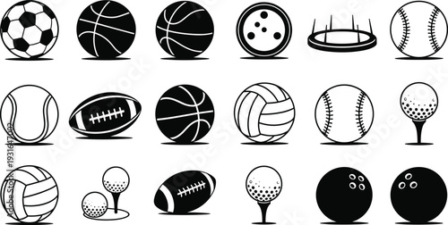 Collection of 18 sports icons featuring soccer, basketball, baseball, tennis, cricket, golf, volleyball, bowling, and American football balls representing athletic games and recreation design