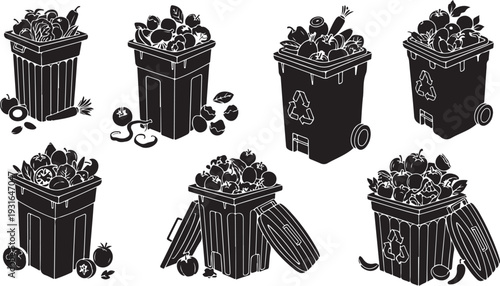 Black and white illustration of overflowing trash cans and garbage