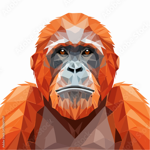 Striking geometric portrait of an orangutan, showcasing its intelligent gaze and vibrant fur in a modern, polygonal art style