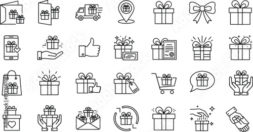 Gift and Present Icon Set with Delivery, Surprise Boxes, Ribbons, Coupons, and Celebration Symbols for Holiday, Birthday, and E-commerce Design