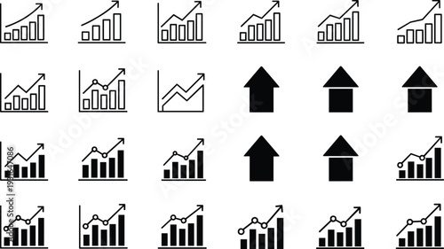Collection of growth and data visualization icons with bar charts, line graphs, and upward arrows, business analytics symbols for progress, improvement, and financial performance