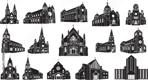 Black and white illustrations of various church buildings and cathedrals