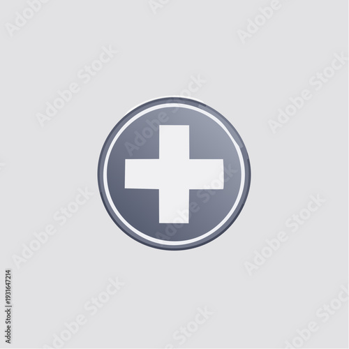 White cross on a circular gray background, healthcare symbol with a plus sign for medical services
