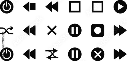 Media Player Control Icon Set with Play, Pause, Stop, Forward, Rewind, Shuffle, Repeat, and Power Buttons for Audio Video Interfaces