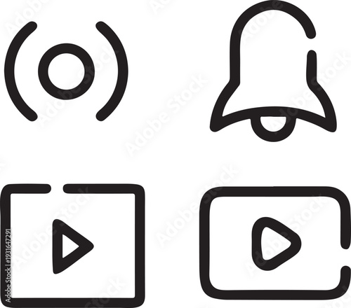 Streaming icons, notification bell and play buttons on checkered background