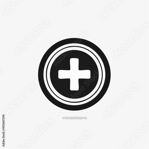 A minimalist black and white circular icon featuring a plus symbol inside, representing medical care