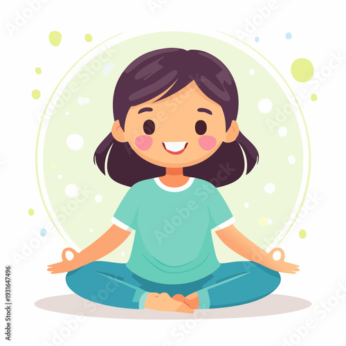 Cartoon girl meditating in lotus position, promoting relaxation and wellness