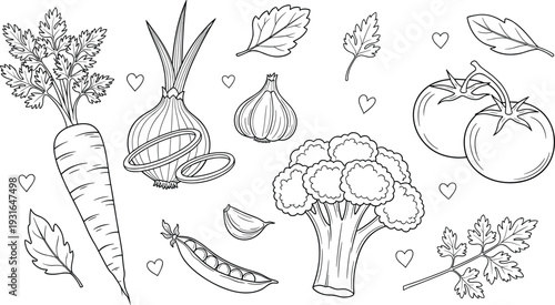 Hand drawn vector illustration set of fresh vegetables featuring carrot, onion, garlic, broccoli, tomato, and peas in a black and white line art style.