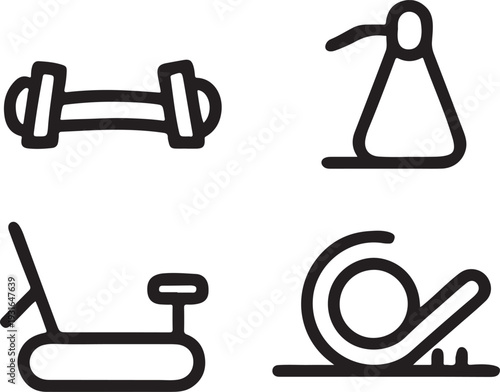 Gym fitness equipment line icons set with dumbbell exercise bike and workout machine tools