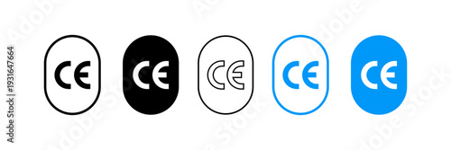 CE mark certification logo set with oval design. Quality assurance symbols for European health, safety, and environmental standards. Vector icons isolated on white background