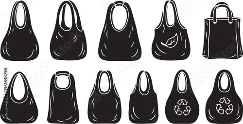 Collection of black reusable shopping bags with various designs