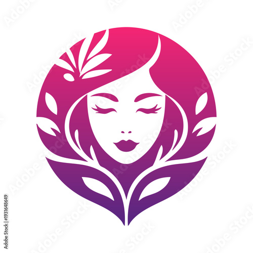 Logotipo de salón de belleza. Dibujo con cara de mujer de frente con peinado con ondas en círculo con hojas de plantas 