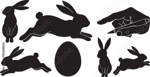 Black silhouettes of rabbits and Easter egg on white background