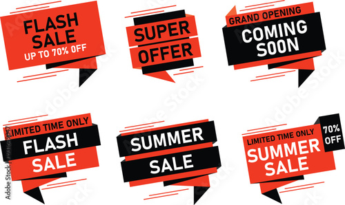 Modern Sale Banner Tags Collection with Flash Sale Super Offer Coming Soon Labels - Dynamic Red Black Promotional Badges, Summer Sale Discount Stickers, Limited Time Offer Marketing Elements Vector Se
