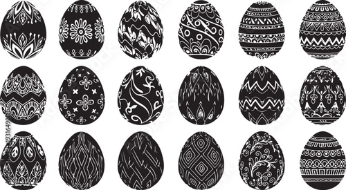 Collection of black and white decorated Easter eggs illustrations