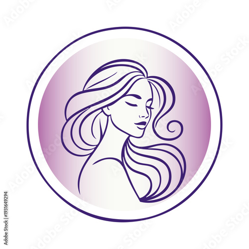 Logotipo de salón de belleza. Dibujo con cara de mujer de perfil con peinado con ondas en círculo con líneas 
