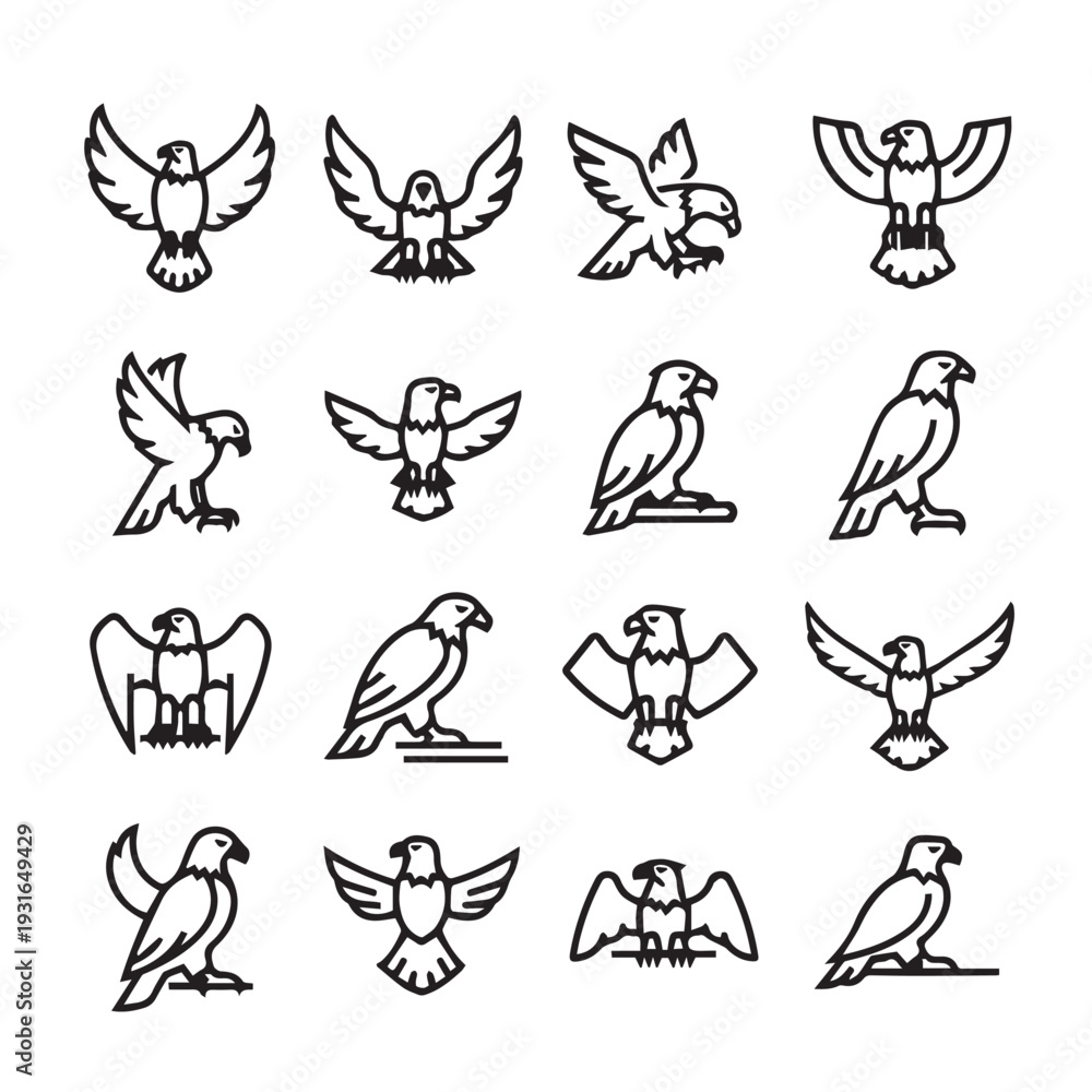 Fototapeta premium Eagle Icons Set Collection Various Poses Line Art Vector Stock