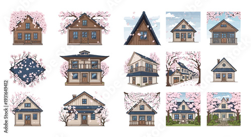 A collection of charming houses in various architectural styles, many adorned with delicate pink cherry blossoms, set against a white background.