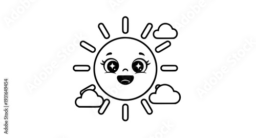 Happy Cartoon Sun Vector with Cute Face and Separate Editable Layers on White Background
