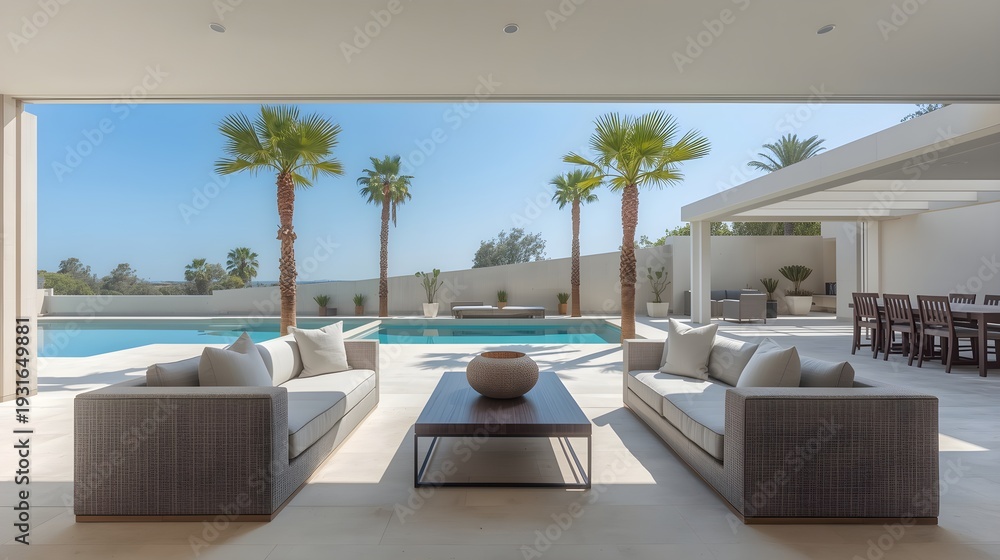 Fototapeta premium Modern luxury outdoor swimming pool with lounge furniture and palm trees in sunny resort villa