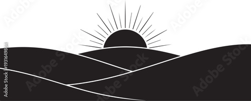 Minimalist black and white landscape with sunrise over hills