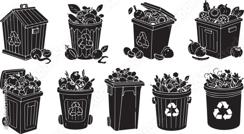 Various trash cans filled with garbage and recyclables illustration set