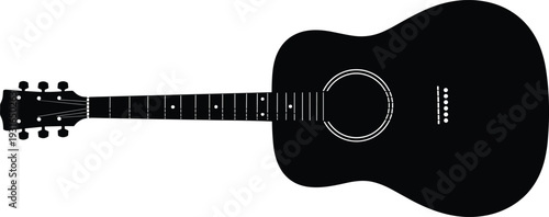 Acoustic Guitar Silhouette Vector Illustration, Black and White Classic String Music Instrument Isolated on Light Background