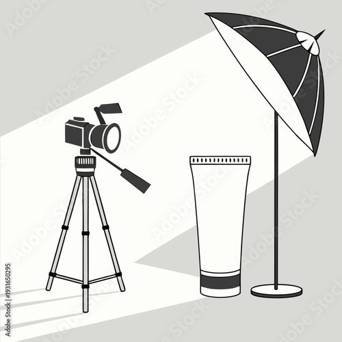 Product photography setup with camera tripod light and cosmetic tube.