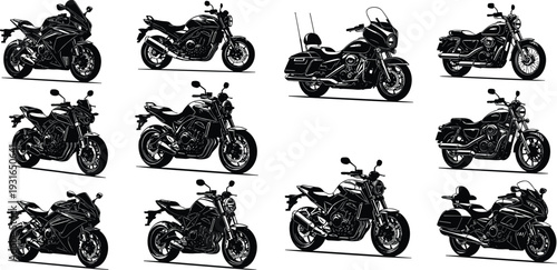 Collection of Sport, Cruiser and Touring Motorcycles Vector Illustration Set in Detailed Black and White Side View Style