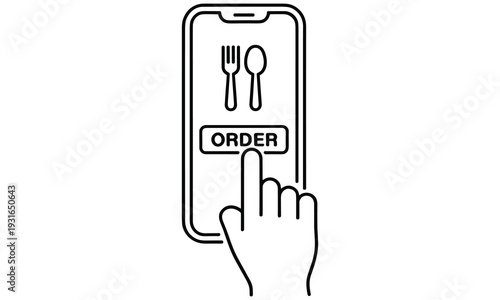 Hand interacting with mobile phone to order food online with a simple intuitive user interface on the screen showing cutlery and an order button.