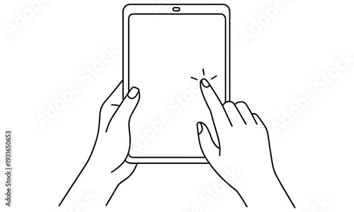 Hands holding a tablet with a finger touching the screen to activate or navigate through digital content.