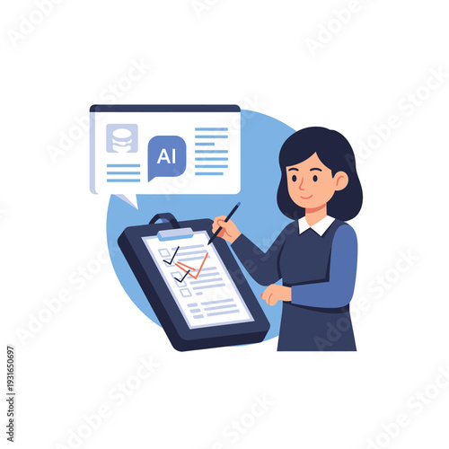 Woman using AI powered digital tablet for content creation.