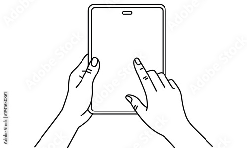 Cuadro en lienzo Hands holding and interacting with a blank smartphone screen showcasing mobile technology and user experience in a simple line art illustration style