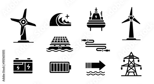 A collection of black silhouette icons representing various forms of renewable energy, power generation, and storage, including wind, solar, hydro, wave, and batteries.