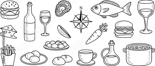 Minimal hand-drawn vector doodle collection of breakfast, lunch, dinner, and snacks meals in clean smooth line art style