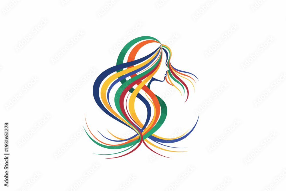 Fototapeta premium Minimalist Female Silhouette with Vibrant Ribbon Hair - Generative AI