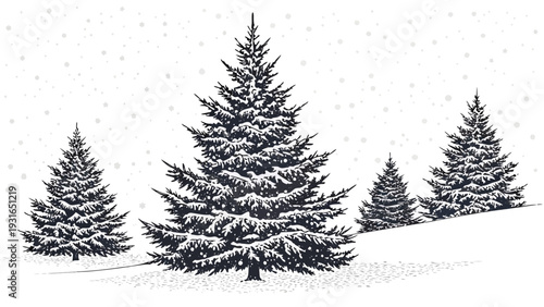 Snowcovered evergreen trees in a winter landscape with falling snow.