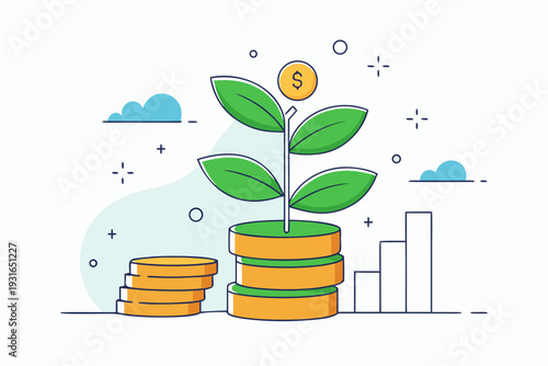 Green sprout with dollar coin on top grows from stacked gold coins beside ascending bar chart illustrating financial growth concept.